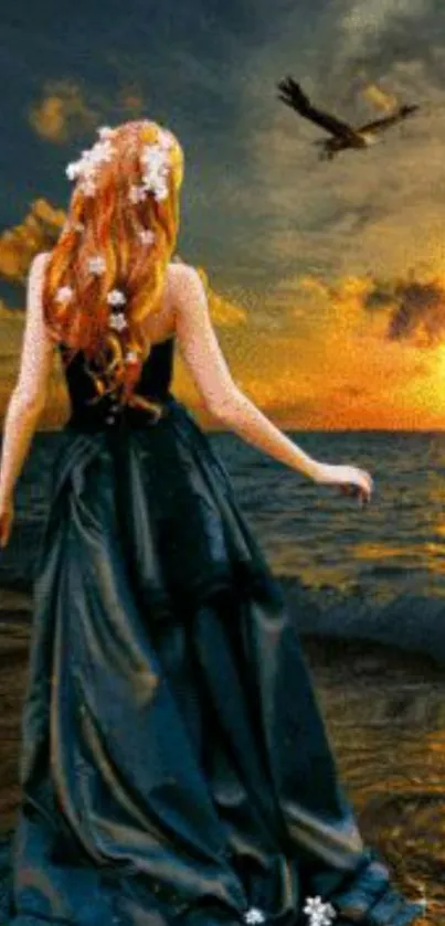 Woman in a dress by the ocean at sunset with a bird in the sky.