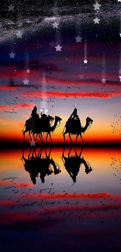 Camel caravan silhouettes against a vibrant sunset with reflections.