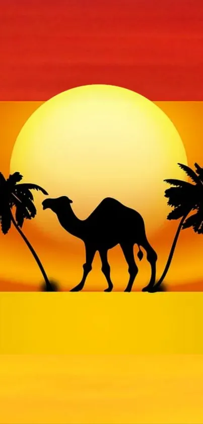 Camel silhouette at sunset with orange sky and palm trees.