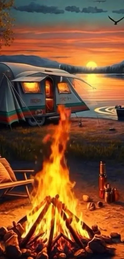 Serene campsite by a lake with a sunset and campfire.