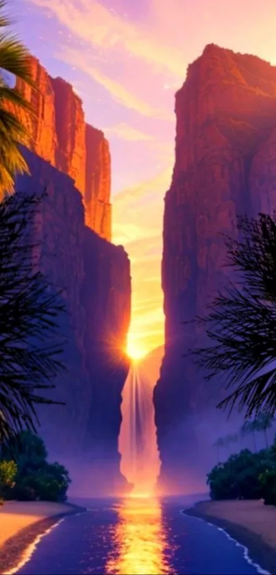 Sunset over lush canyon landscape with glowing sky.