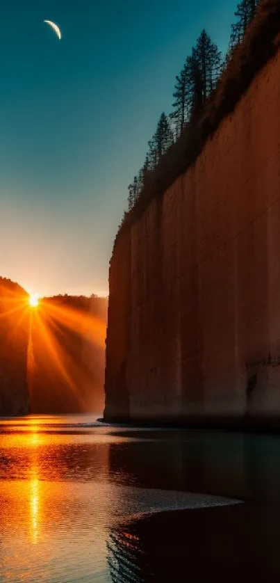 Canyon at sunset with golden reflections in water.