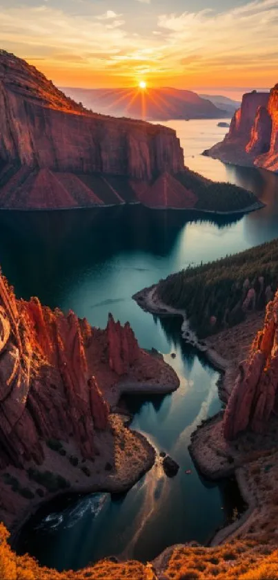 Breathtaking sunset over a canyon river with vibrant cliffs and serene water.