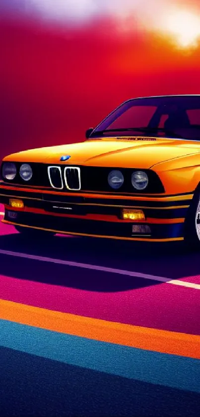 Retro car with sunset background mobile wallpaper.
