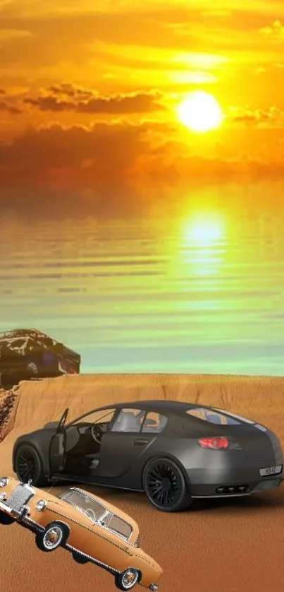 Cars on beach with vibrant sunset and ocean reflection.