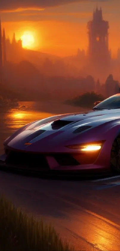 Fantasy sports car at sunset with scenic landscape.