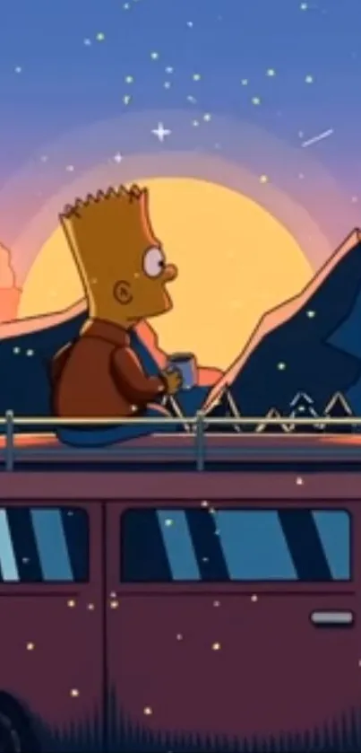 Cartoon character gazing at a sunset with mountains and stars from a rooftop.