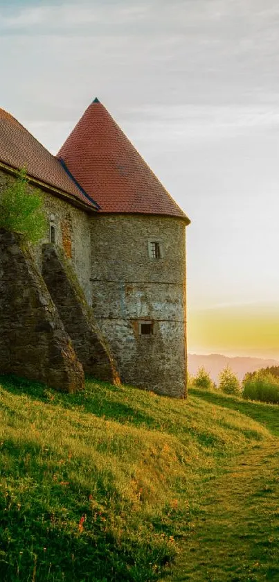 Medieval castle at sunset with lush greenery and golden skies.