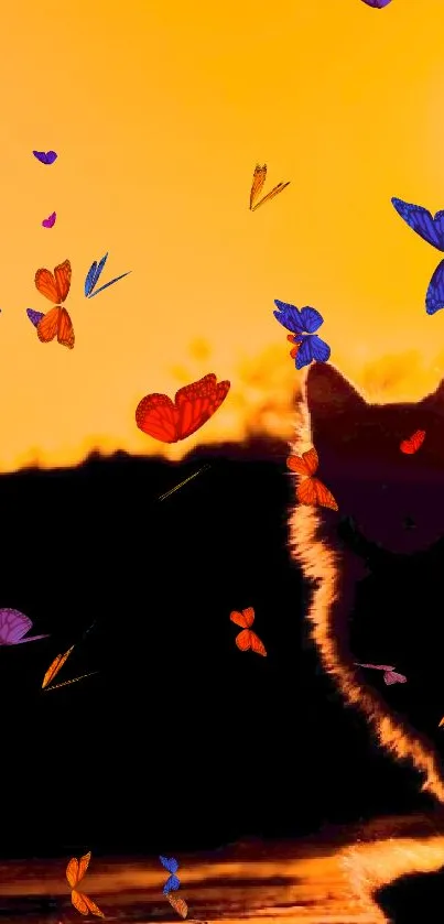 Cat silhouette against vibrant sunset sky creating a serene and colorful wallpaper.