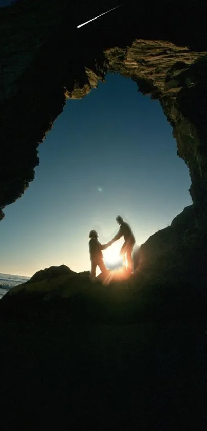 Silhouetted figures in sunset cave with evening sky.