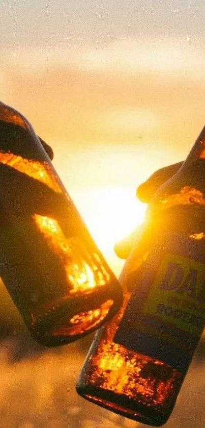 Two bottles clinking against a vibrant sunset, capturing a celebratory mood.