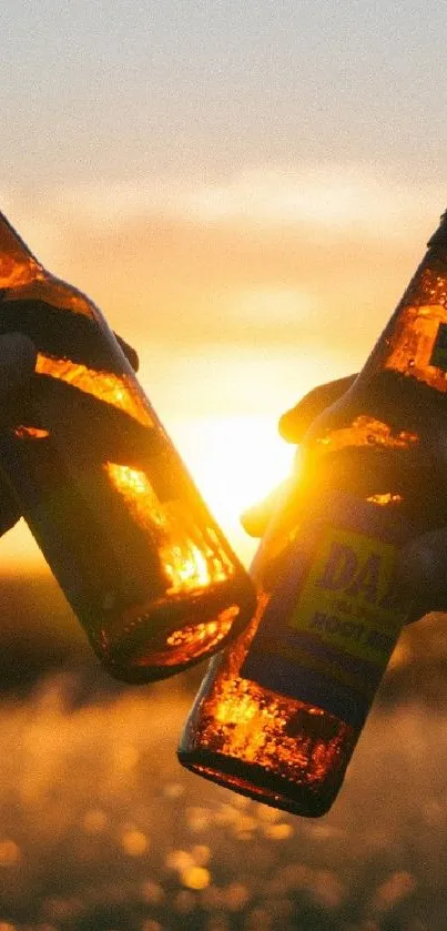 Two beer bottles clinking at sunset, creating a warm, celebratory vibe.