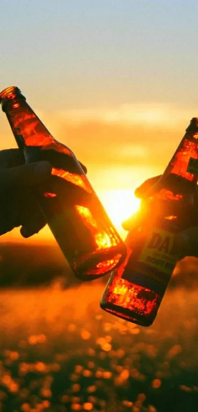 Two bottles clinking at sunset, vibrant glow