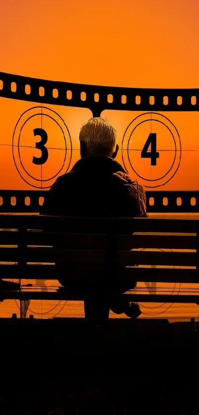 Silhouette on bench at sunset with film reel countdown.