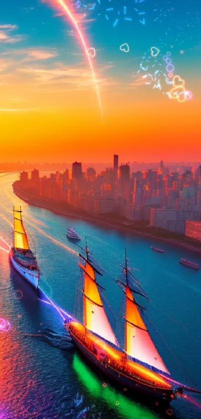 Vivid city skyline at sunset with sailboats on a colorful river.