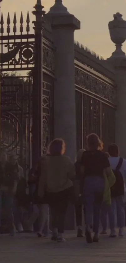 People walking by a city gate at sunset.