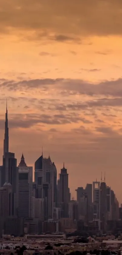 Dubai city skyline at sunset with skyscrapers against a golden sky.