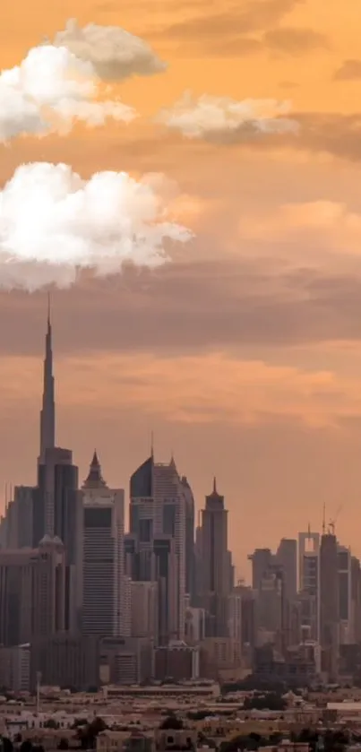 City skyline at sunset with orange sky and clouds.