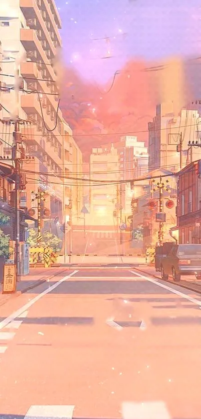 Anime city street with sunset hues and pastel skies, perfect for mobile wallpaper.