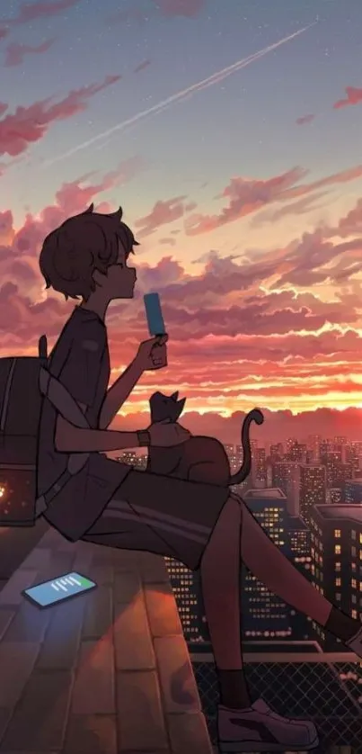 Anime silhouette with sunset cityscape background.