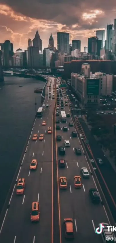 Spectacular sunset cityscape with highway and skyline view.