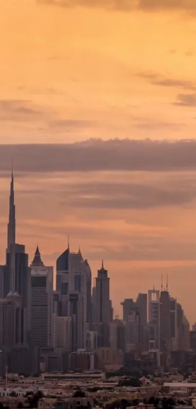 Orange sunset over a city skyline with tall skyscrapers.