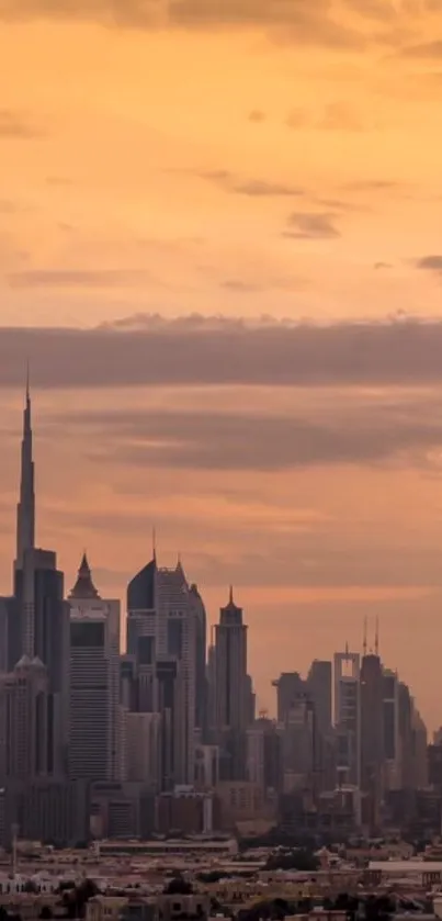 Urban skyline at sunset with orange sky.