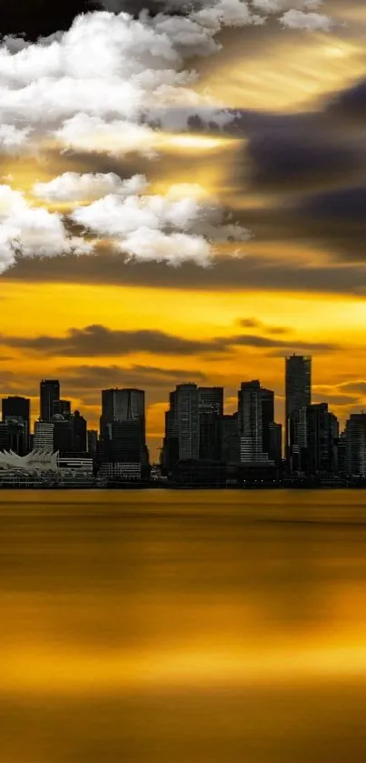 Golden sunset cityscape with dramatic clouds.