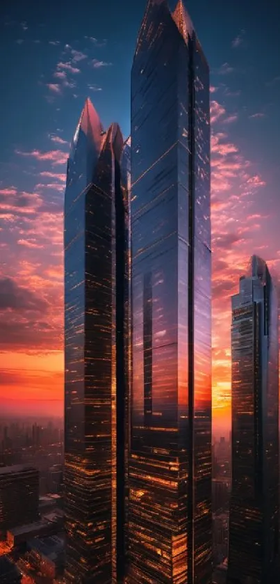 Skyscrapers illuminated at sunset with vibrant cityscape.