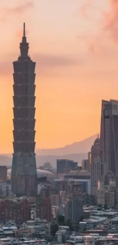 Sunset cityscape with skyscrapers and orange sky, ideal for urban mobile wallpaper.