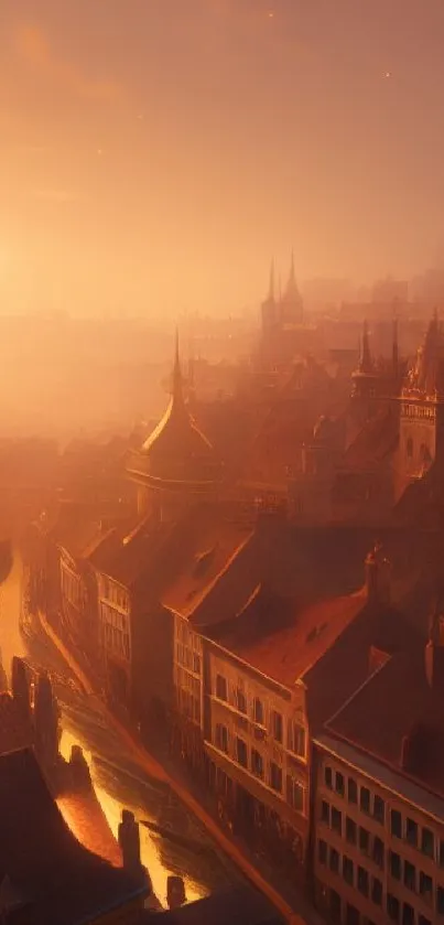 Stunning medieval cityscape at sunset with warm orange hues.