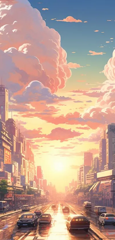 A stunning cityscape at sunset with vibrant clouds and modern skyscrapers.