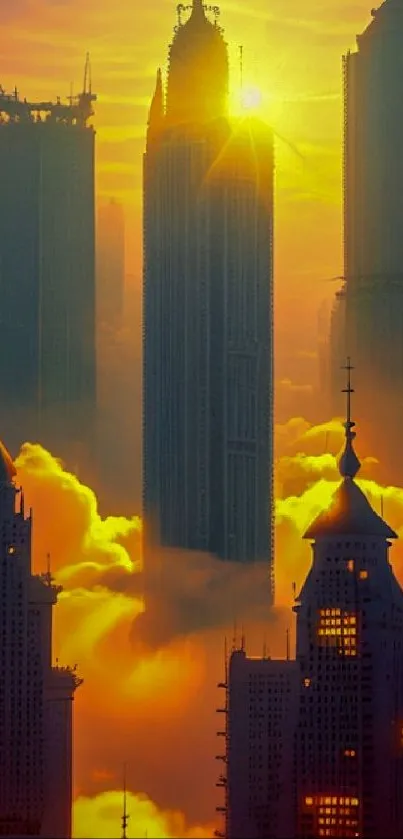 Cityscape with skyscrapers at sunset surrounded by clouds.