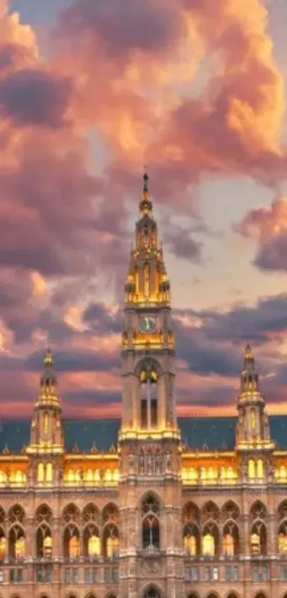 Cityscape with stunning sunset and dramatic clouds in the sky.