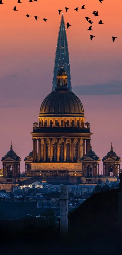 A vibrant cityscape with birds flying against an orange sunset sky.