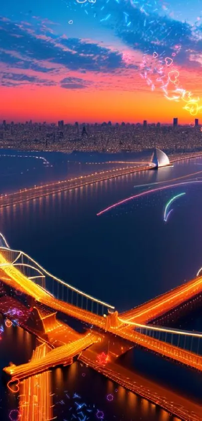 Stunning sunset skyline with neon-lit bridges.