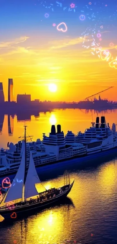 A stunning sunset over a cityscape with ships and sailboats on reflective water.