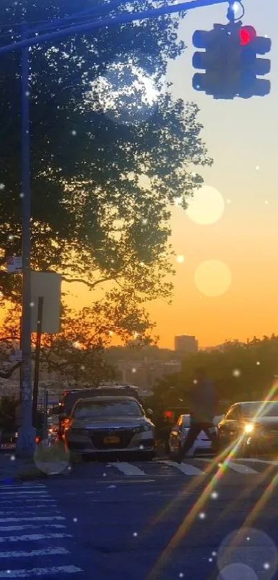 Urban sunset with traffic and street lights illuminating the cityscape.