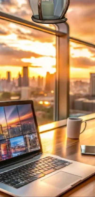 Laptop on desk at sunset with city view through large window.