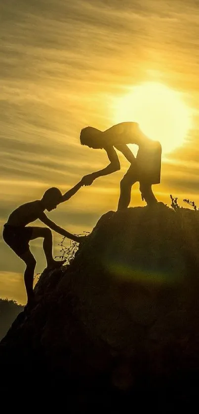 Silhouetted climbers at sunset, inspiring teamwork.