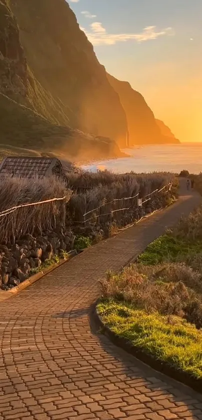 A picturesque coastal path at sunset with cliffs and ocean views.