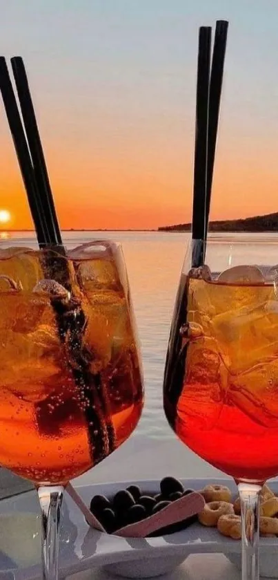 Refreshing cocktails against a sunset backdrop on a serene evening.