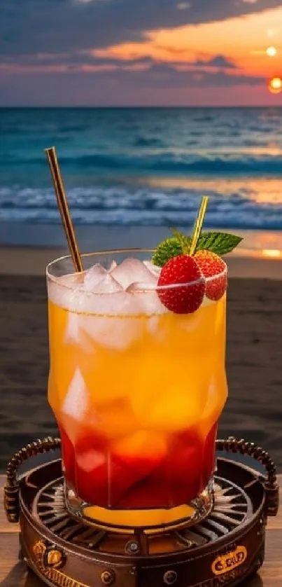 Refreshing cocktail on a beach at sunset with ocean waves.