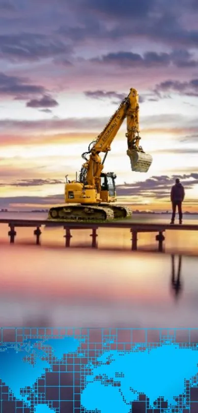 Excavator on pier at sunset with global map overlay.