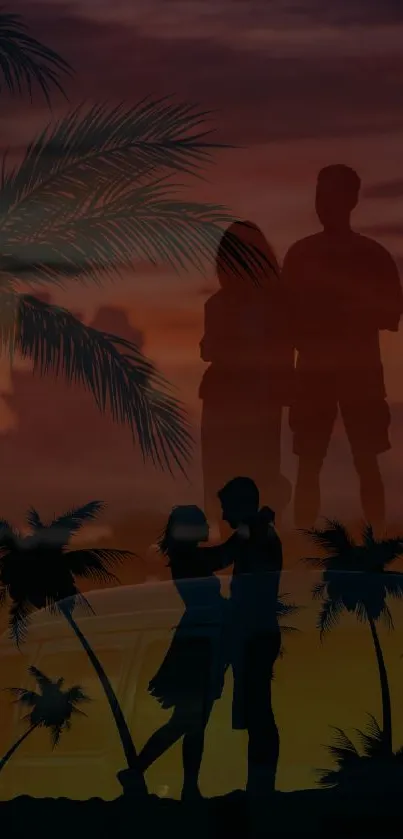 Romantic sunset silhouette with couple beneath palm trees.