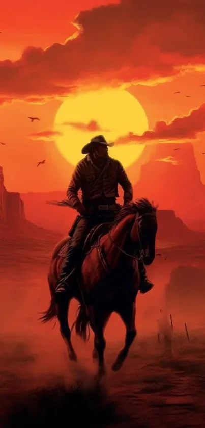 Cowboy riding a horse during a vivid desert sunset.