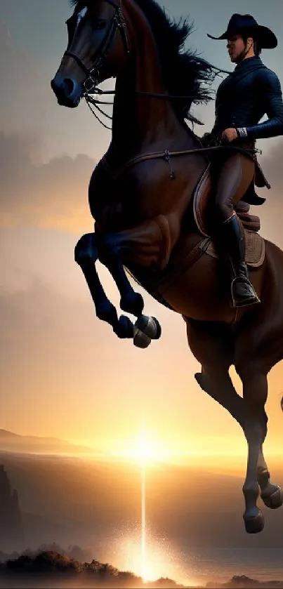 Cowboy riding a horse at sunset in a dramatic landscape scene.