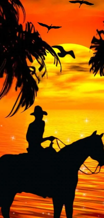 Cowboy silhouetted against a vibrant orange sunset by the ocean.