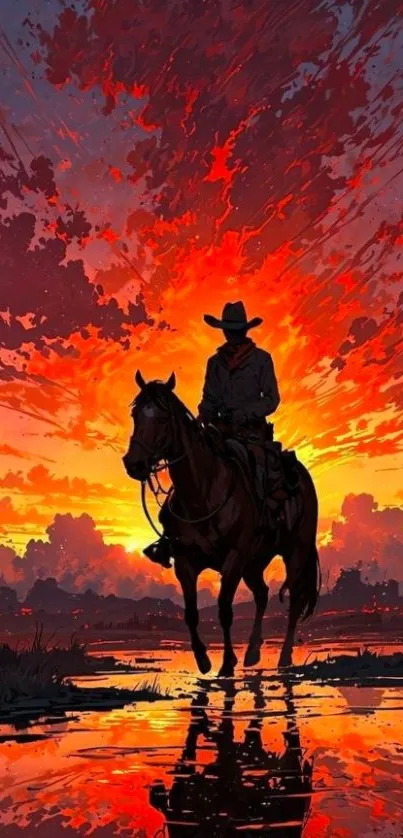 Silhouette of cowboy on horseback against a vibrant red-orange sunset.