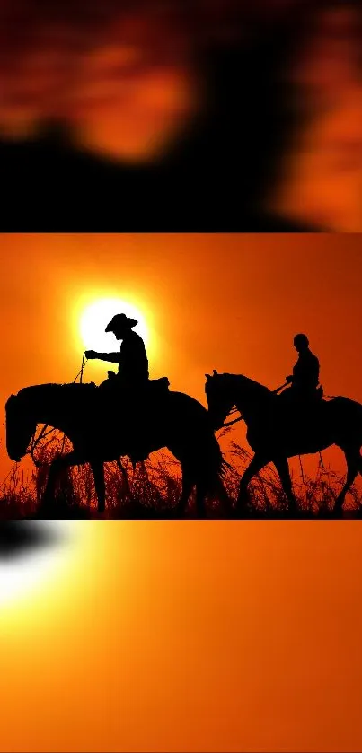 Cowboys riding horses at sunset with vivid orange background.